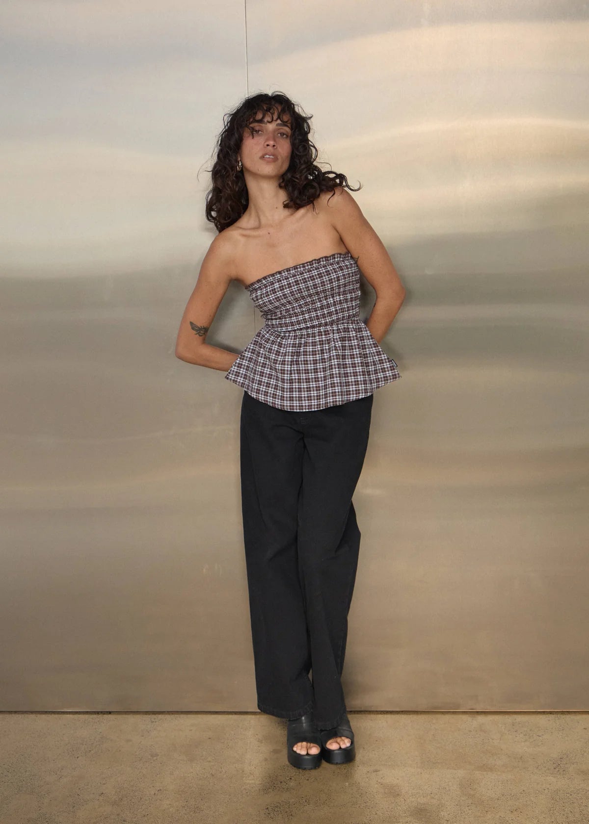 Afends Tiff Echo Recycled Strapless Top Brown / Blue Check