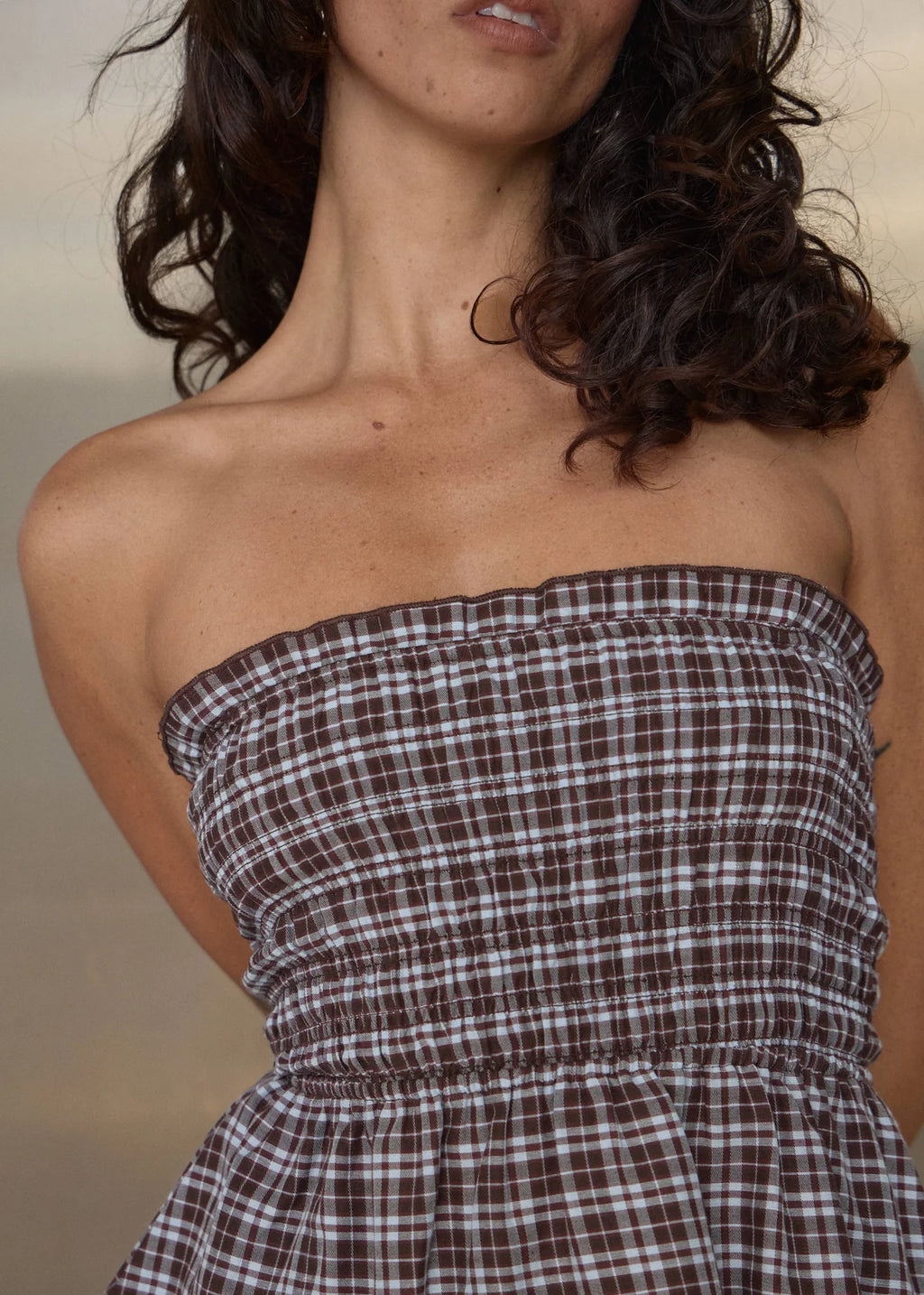 Afends Tiff Echo Recycled Strapless Top Brown / Blue Check