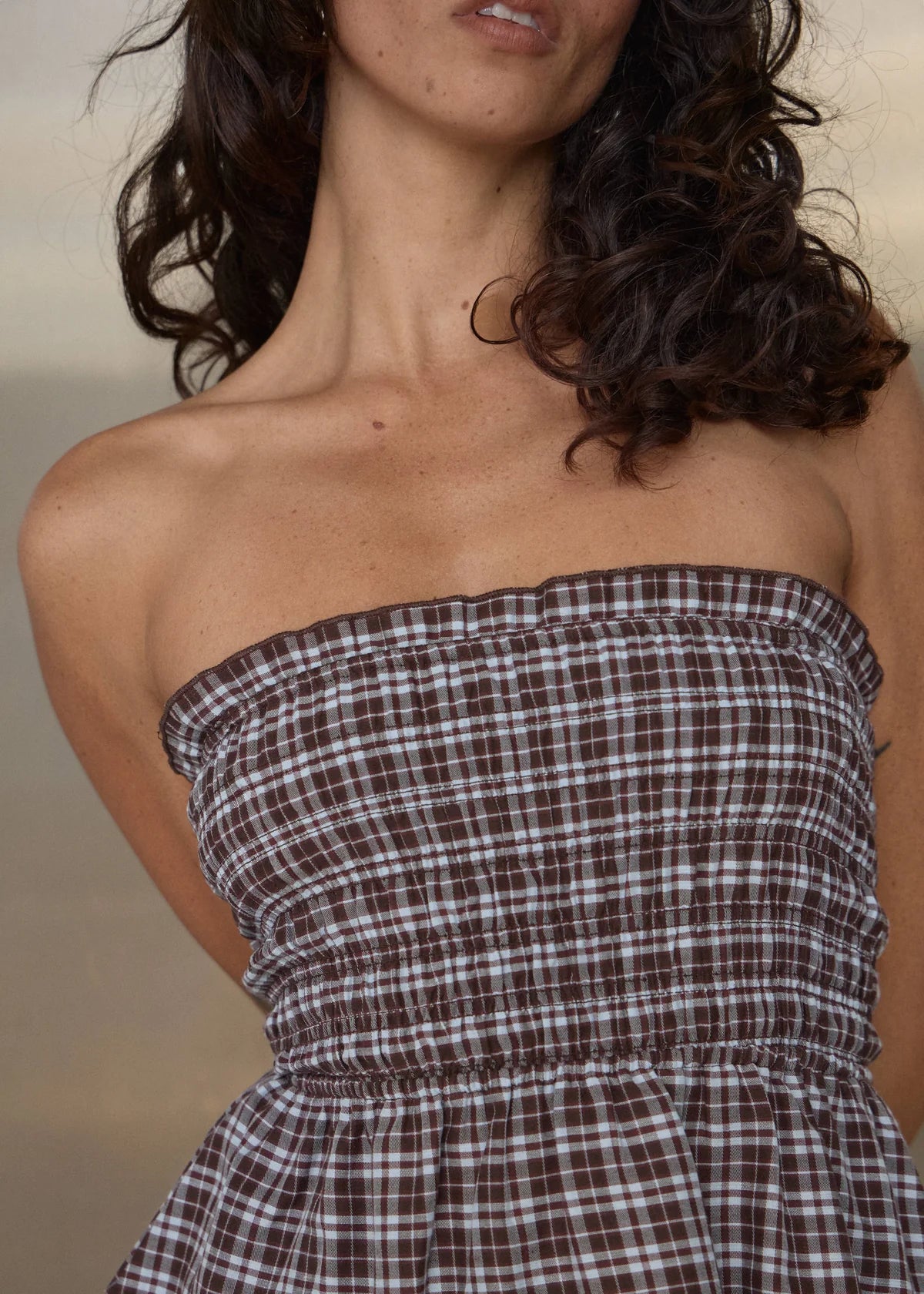 Afends Tiff Echo Recycled Strapless Top Brown / Blue Check