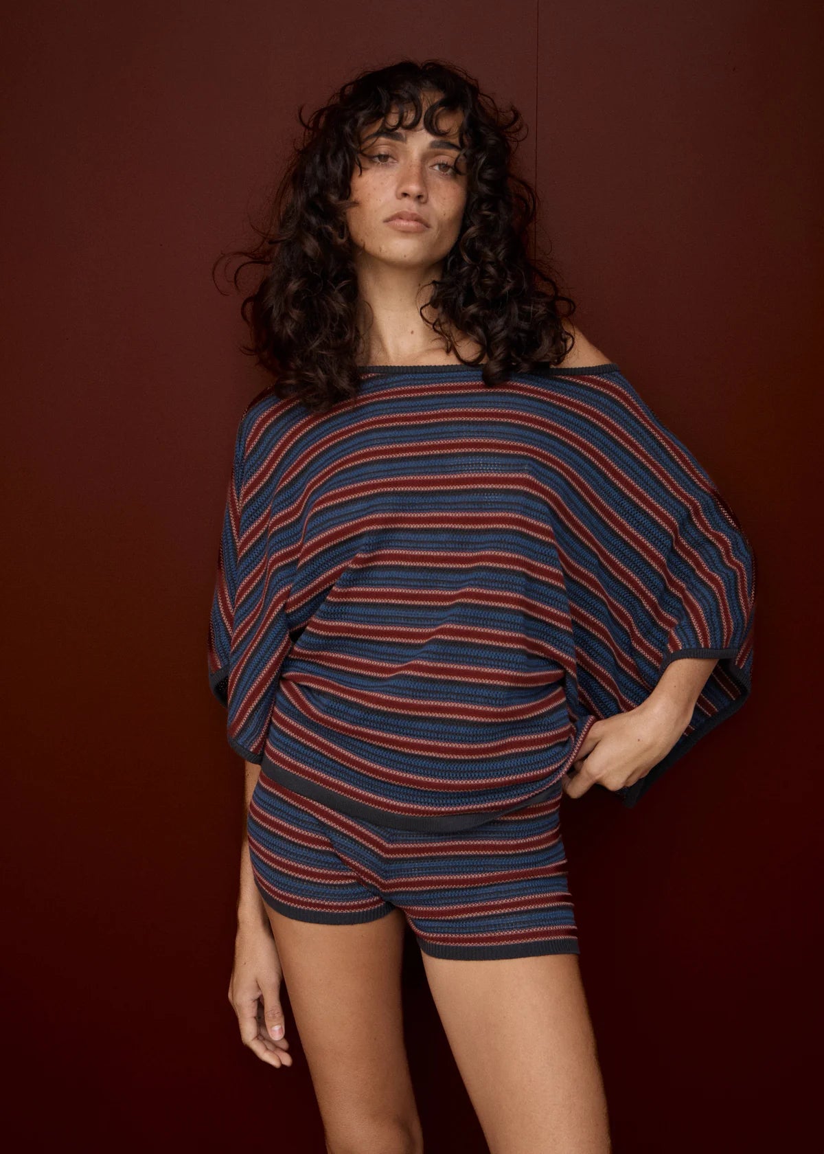 Afends Vance Organic Knit Batwing Top Club Stripe