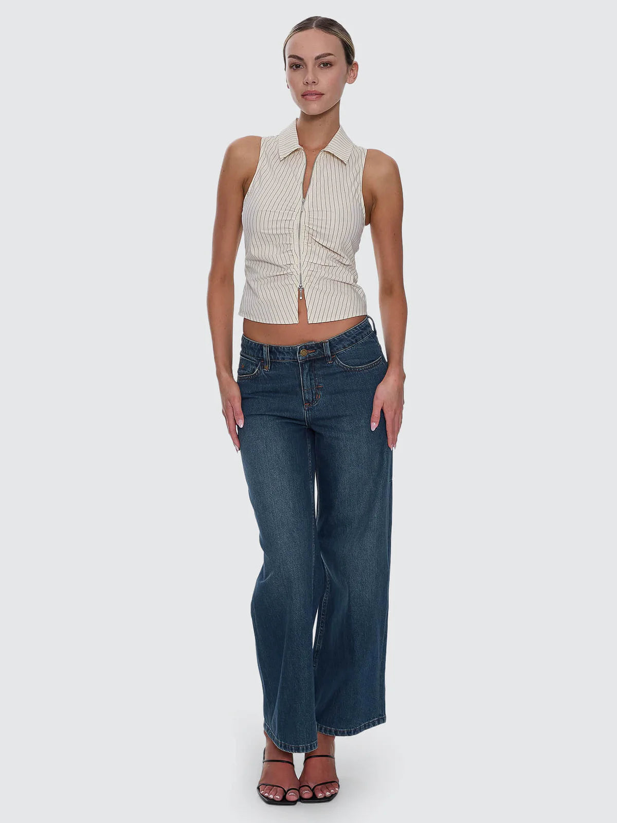 Thrills Andy Zip Sleeveless Shirt Butter Cream Stripe