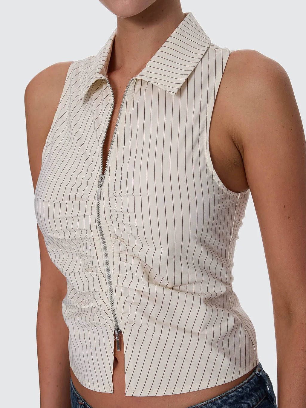 Thrills Andy Zip Sleeveless Shirt Butter Cream Stripe