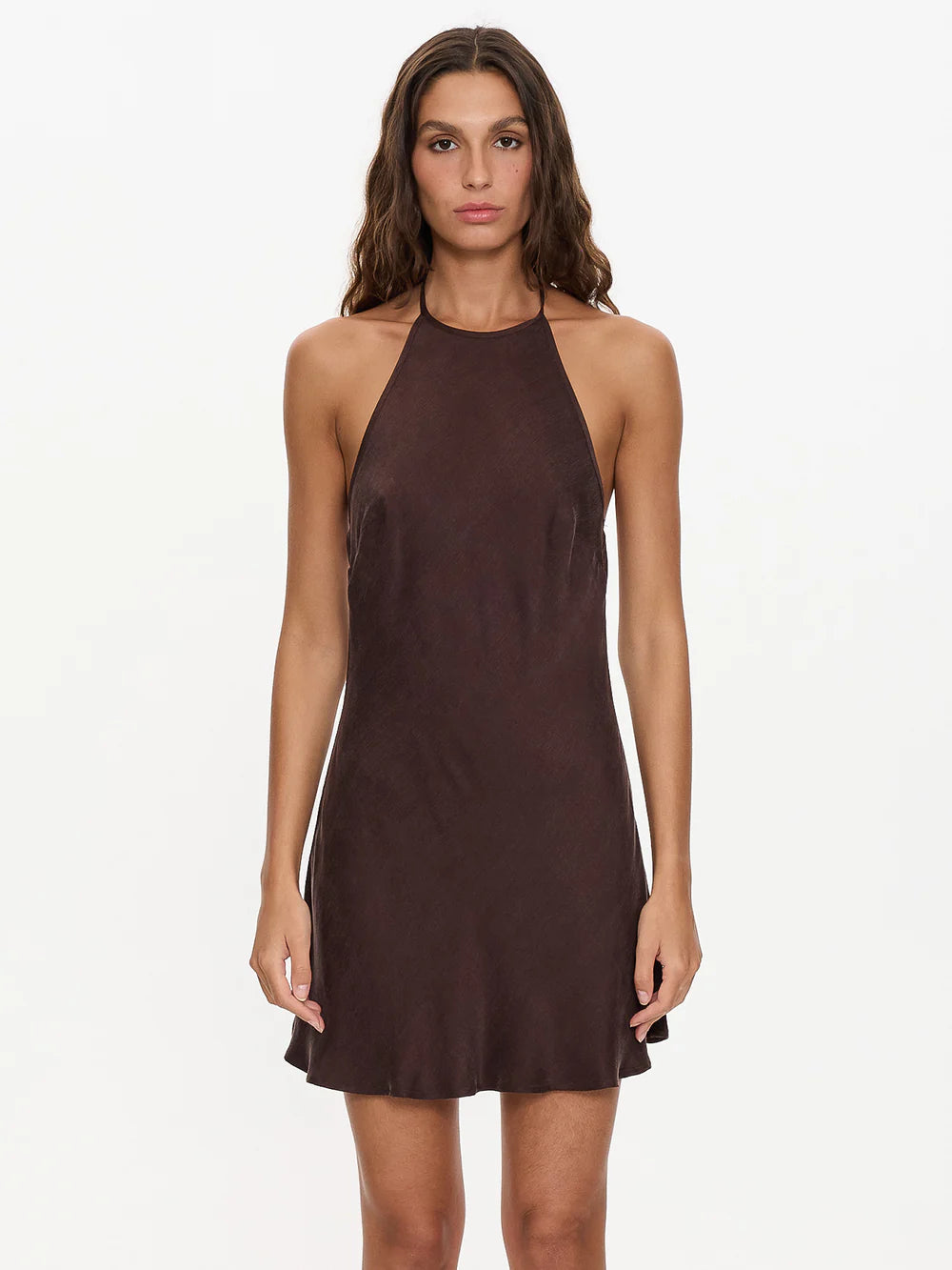 Thrills Celeste Bias Halter Mini Dress Postal Brown