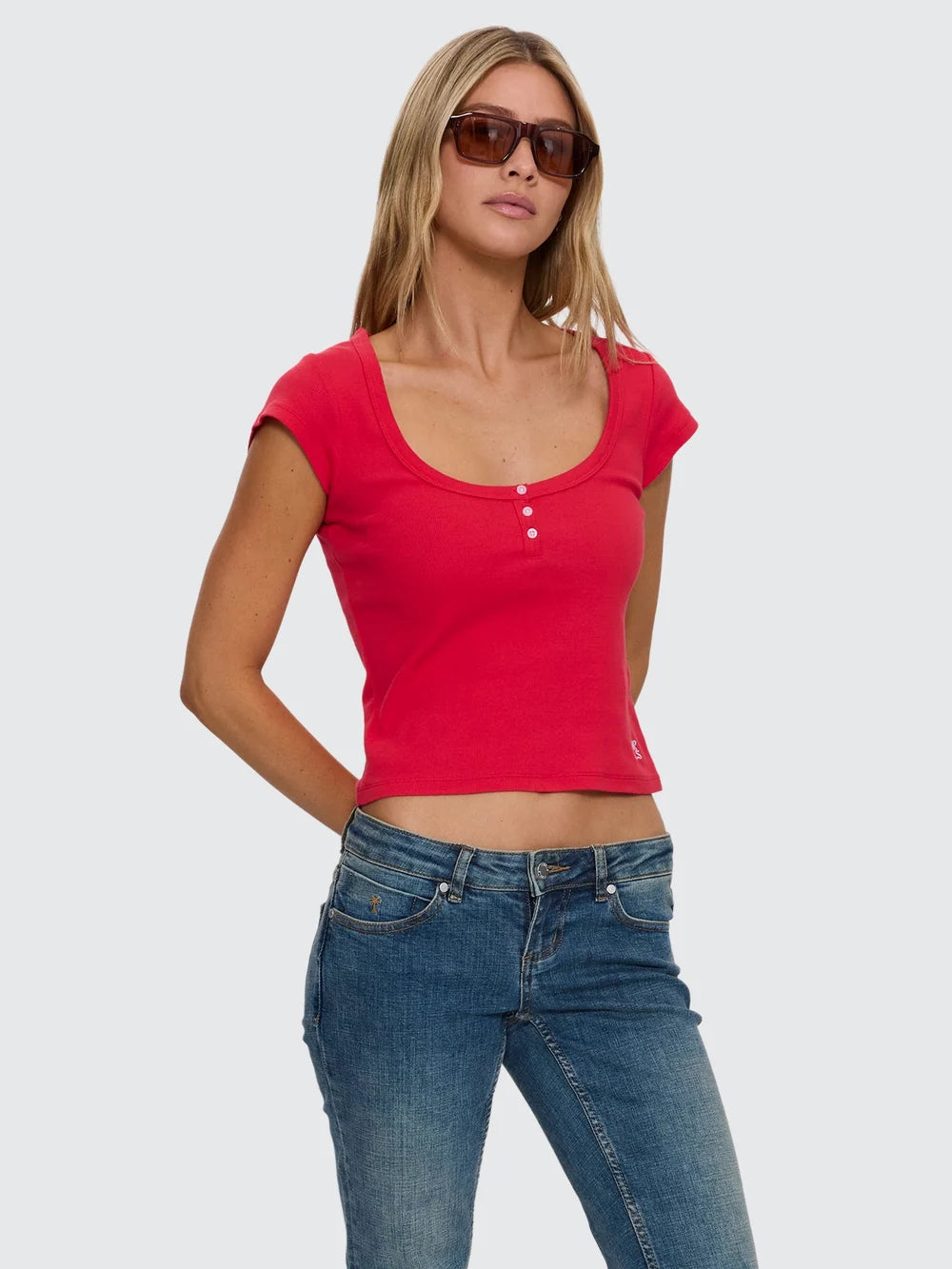 Thrills Rib Portrait Neck Henley Tee - Flame Red