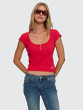 Thrills Rib Portrait Neck Henley Tee - Flame Red