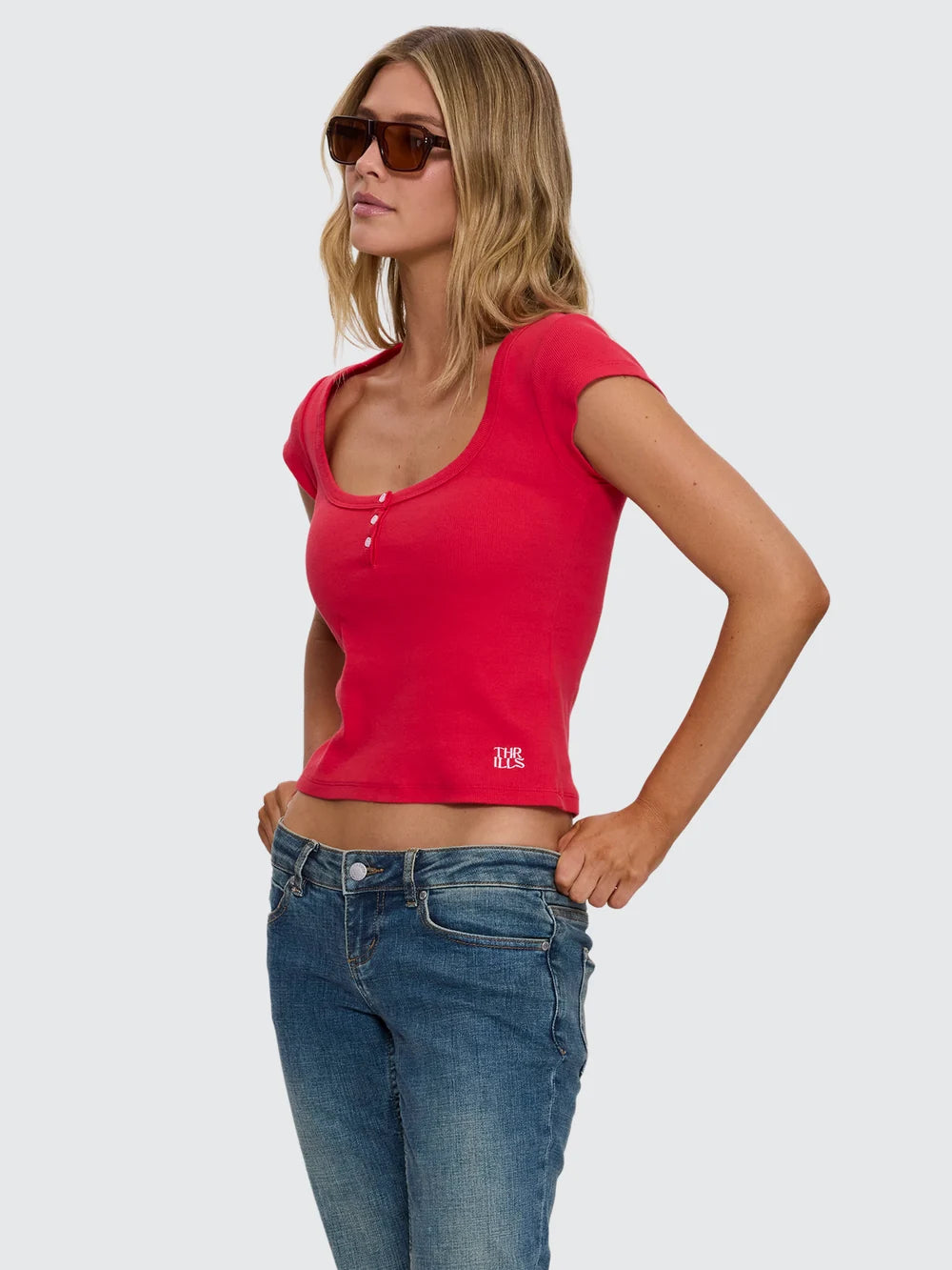Thrills Rib Portrait Neck Henley Tee - Flame Red