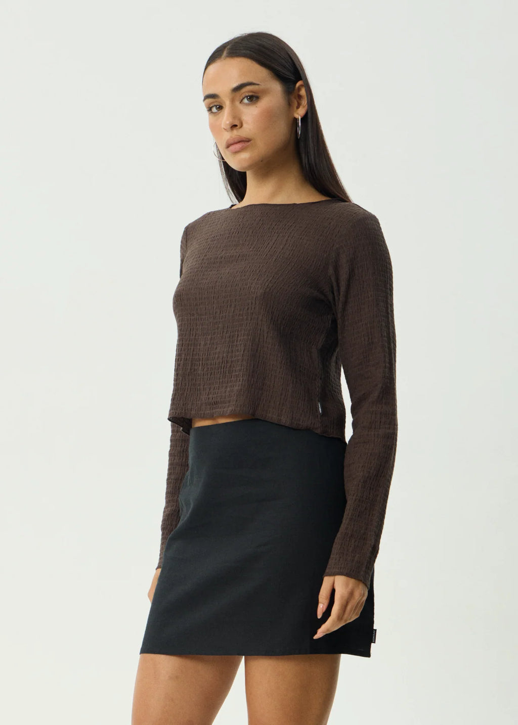 Afends Focus Seersucker Long Sleeve Top  Coffee