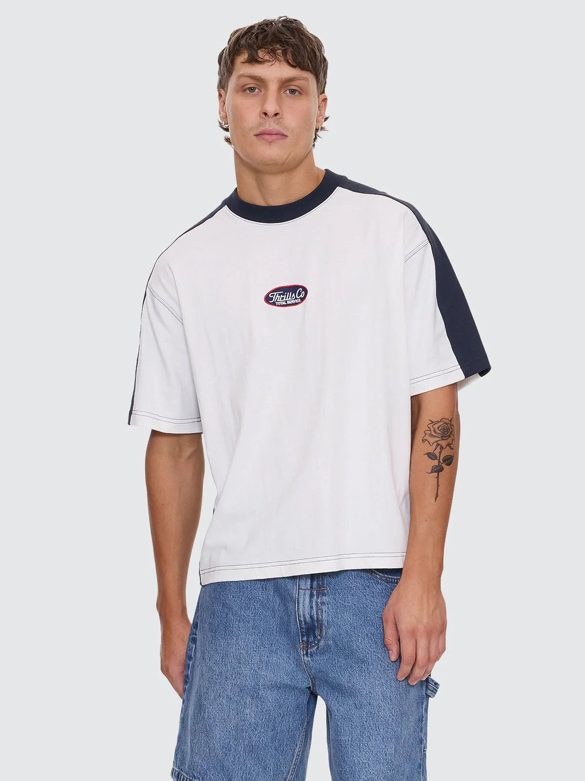 Thrills Total Service Box Fit Oversize Cropped Panel Tee - Snow White