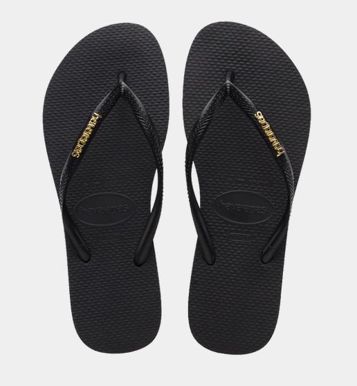 Havaianas Slim Metal Logo Black/Gold Thongs