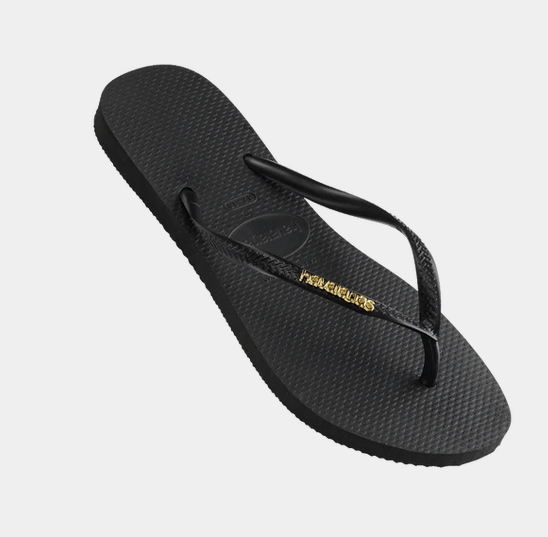 Havaianas Slim Metal Logo Black/Gold Thongs