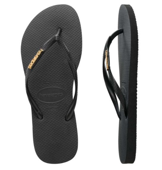 Havaianas Slim Metal Logo Black/Gold Thongs